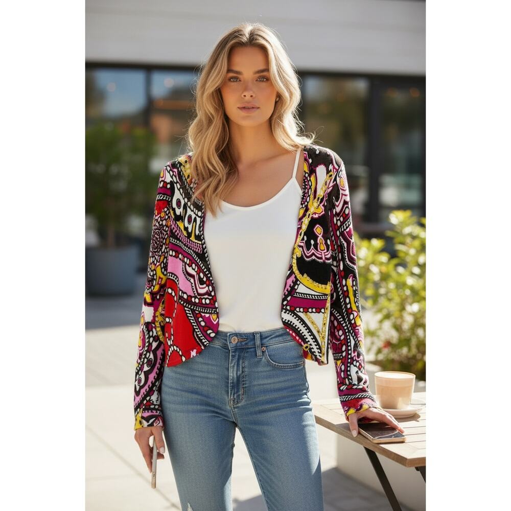 Cache Multicolor Printed Open Cardigan - Red, Pink, Yellow, Black